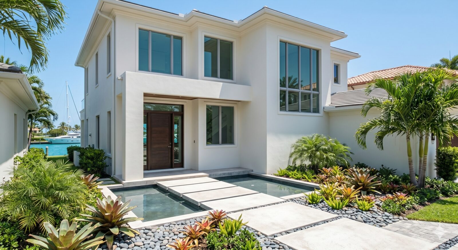 Florida home exterior with palm trees and a bright sky